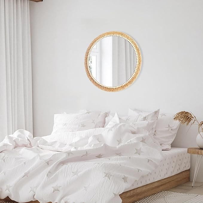 SWTHONY 21 Inch Boho Round Hanging Wall Mirror Decorative Rattan Circle Wall Mounted Mirror for Farmhouse, Living Room, Bedroom, Bathroom