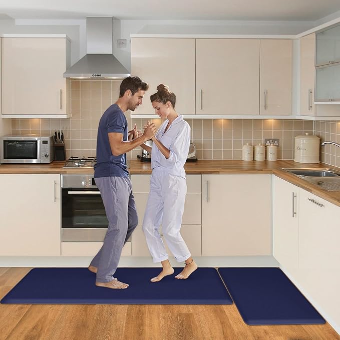 HappyTrends 2 PCS Kitchen Mat Cushioned Anti-Fatigue Floor Mat, Heavy Duty Ergonomic Comfort Foam Standing Mat, Waterproof Non-Slip Kitchen Rugs for Home, Office(17.3"x28"+17.3"x47",Navy)