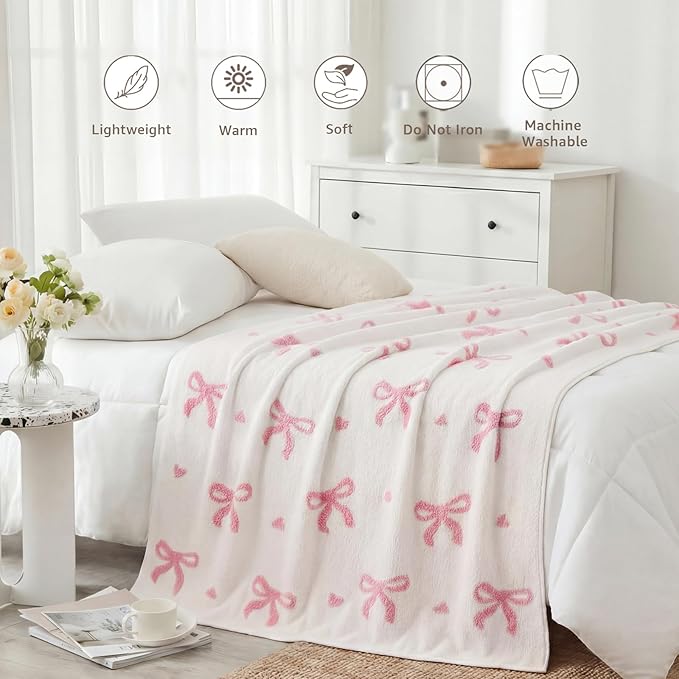 WRENSONGE Throw Blanket Bubble Bowknot Pink Soft Cozy Fluffy Warm Throw for Couch Sofa Bed Camping Picnic Travel Lightweight - 50"*60"