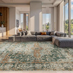 10x14 Area Rugs for Living Room Bedroom, Large Washable Rug, Green Vintage Retro Boho Rug, Non Slip & Low Pile Faux Wool Thin Carpet for Indoor Dining Room and Kids Room(Green/Brown 10x14ft)