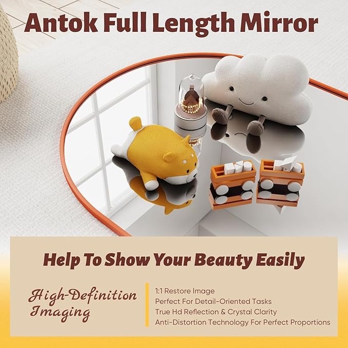 Antok 58" x18” Arched Full Length Floor Mirror, Orange Aluminum Frame, Free Standing/Wall Mount/Leaning for Bedroom, Living Room, Dressing Room