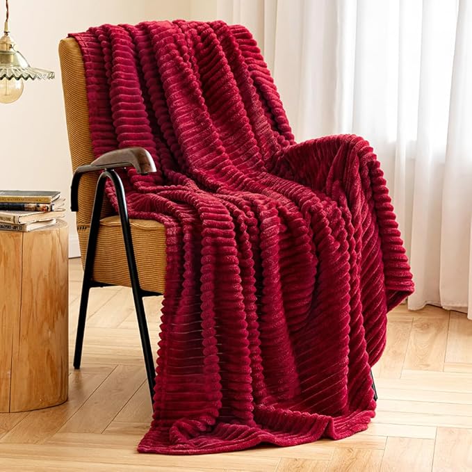 MIULEE Fleece Throw Blanket for Couch 300GSM Super Soft Lightweight Plush Striped, Burgundy Red Warm Cozy Breathable Ribbed Blanket for Bed/Sofa, Throw Size 50"x60"
