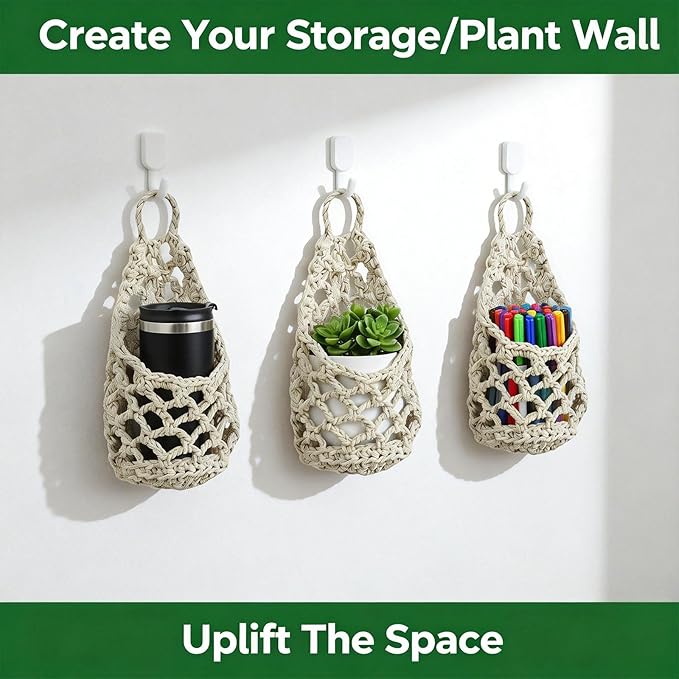 Macrame Plant Hanger Set of 2, Boho Wall Hanging Planter for Up to 4 Inch Pots - Handwoven Cotton Rope Wall Decor with S-Hooks for Indoor Plants in Living Room, Bedroom & Office