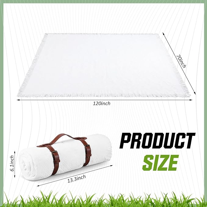 Frienda 70 x 120 Inch Extra Large White Outdoor Picnic Blanket Woven Cotton Yarn Blanket with Fringe and Leather Storage Strap Boho Decor for 8 to 12 Camping Lawn Wedding Photoshoot Beach Park Grass