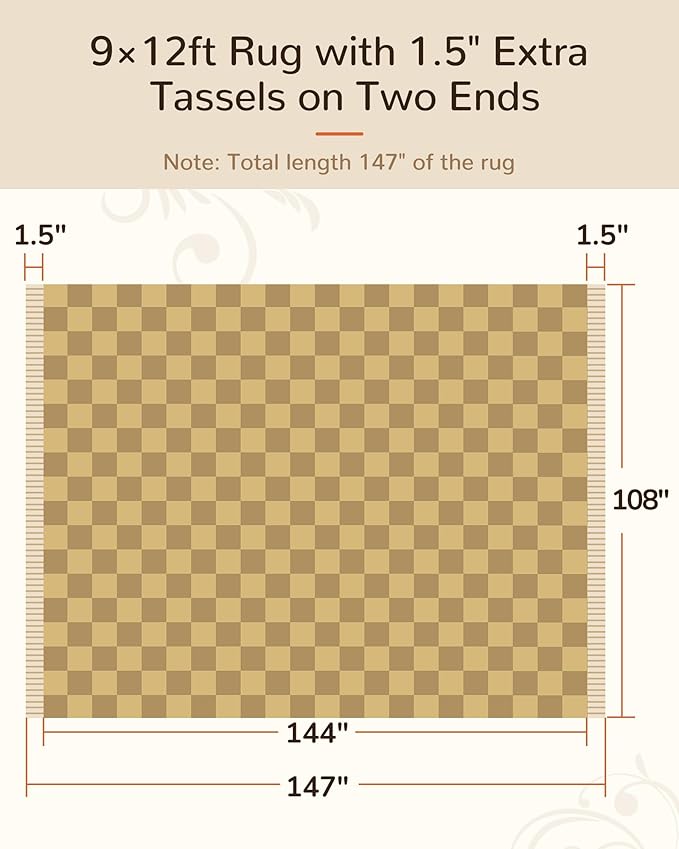 BESTSWEETIE 9'x12' Washable Rug Hand-Woven Low Pile Soft Checkerboard Pattern Reversible Checkered Braided Rugs with Short Fringe Carpet for Living Room Bedroom Dining Room Home Decor - Naturejute