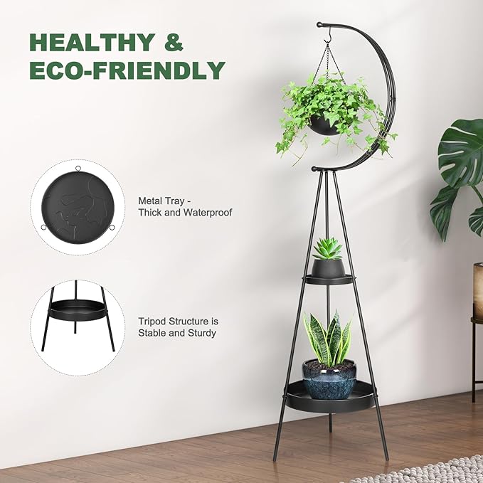 Airogym Plant Stand, Metal Plant Holder Indoor Outdoor, Modern Iron Flower Pots Rack, Multifunctional Planter Display Shelf with Hanging Planters for Garden Patio Room, Corner Balcony Decor (Black -2 Tier)