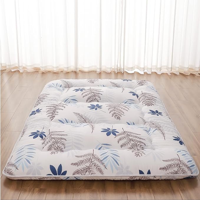 Japanese Floor Mattress, Futon Mattress with Portable Storage Bag and Washable Cover, Roll Up Thick Tatami Mat Suitable for Camping, Guest Room, White Leaf, Twin