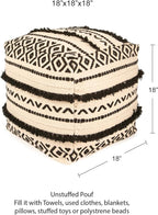 REDEARTH · UNSTUFFED Pouf Ottoman Cover Textured Boho Storage Cube Bean Bag Farmhouse Poof Pouffe Footrest for Living Room, Bedroom, Kidsroom; 100% Cotton (18"X18"X18"; Black Natural)