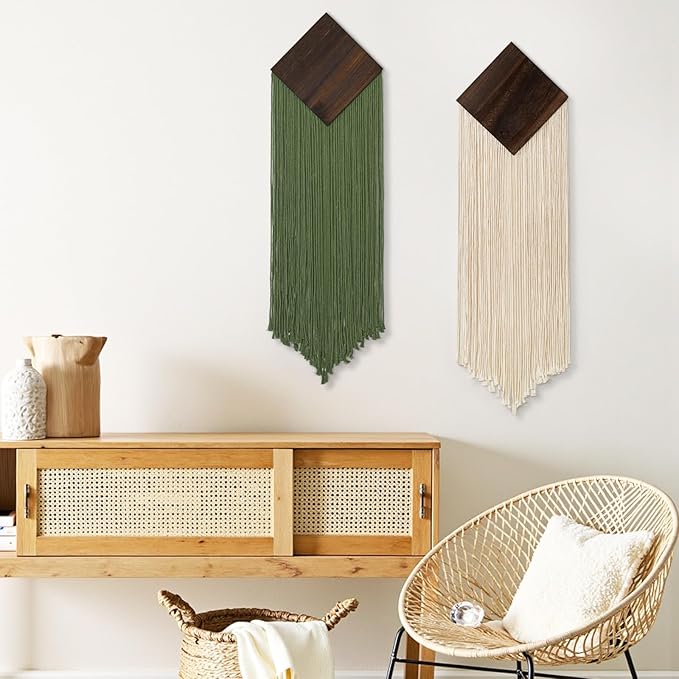 KHOYIME Macrame Wall Hanging Boho Chic Home Decor, 2PCS Bohemian Green Beige Vertical Tassel Yarn Tapestry Modern Farmhouse Wall Art Decorations for Living Room Bedroom Nursery Office 11''W x 36''L