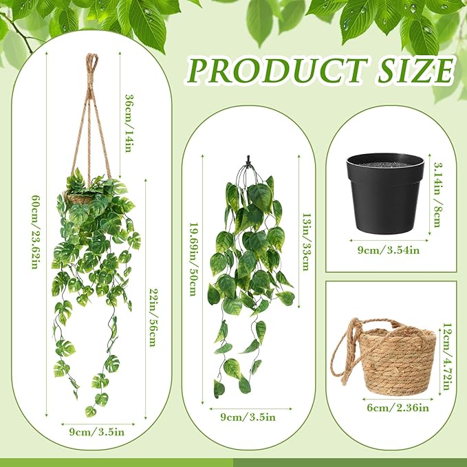 6 Set Mini Fake Hanging Plants with Woven Basket Boho Artificial Ivy Faux Vines Eucalyptus Leaf for Indoor Home Wall Living Room Bathroom Shelf Decor (Round Radish Leaf)