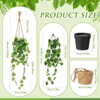 6 Set Mini Fake Hanging Plants with Woven Basket Boho Artificial Ivy Faux Vines Eucalyptus Leaf for Indoor Home Wall Living Room Bathroom Shelf Decor (Round Radish Leaf)