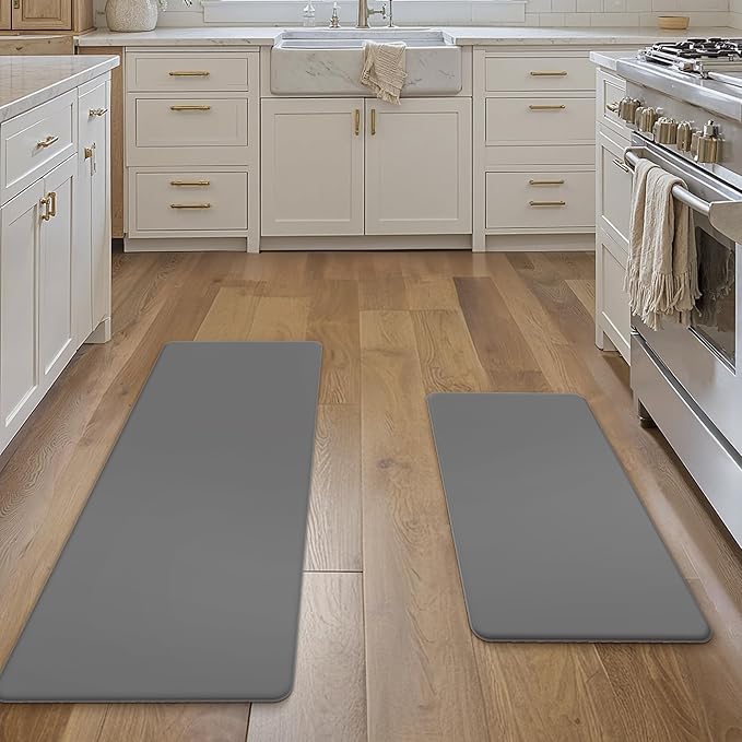 GENIMO Kitchen Mats for Floor 2PCs, Washable Anti Fatigue Mat for Cushioned, 17.3"x47"+17.3"x30", Waterproof Kitchen Rugs, Non Slip Comfort Standing Mat Rug for Home, Sink, Laundry, Neutral Gray