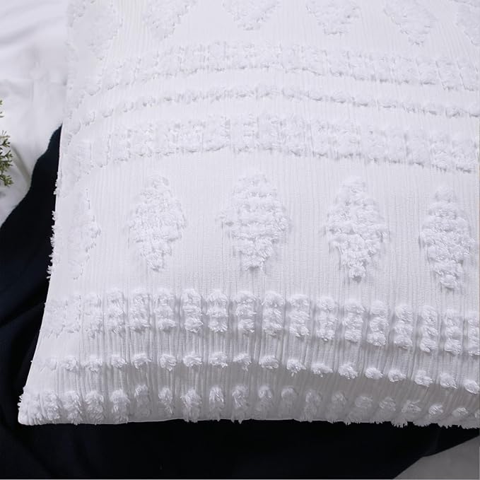 YINFUNG Tufted Pillow Sham King White Set of 2 Boho Pillowcases Shabby Chic Decorative Textured Poms Diamonds Moroccan Embroidery Farmhouse Bright White 20x36
