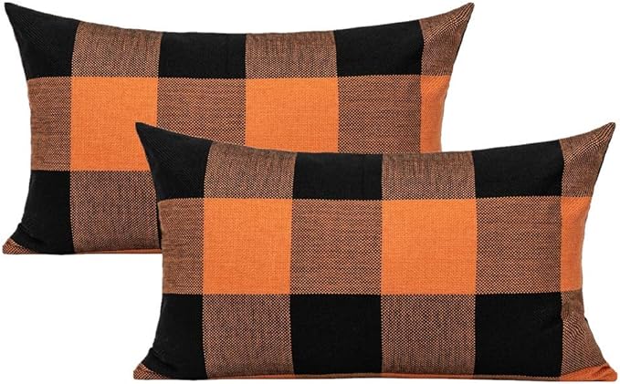 VAKADO 12x20 Inch Set of 2 Buffalo Plaids Decorative Throw Pillow Cases Farmhouse Fall Retro Checkers Lumbar Rectangle Cushion Covers Home Decor for Sofa Couch, Orange and Black