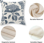 Blue Pillow Covers 18x18 Set of 2 Vintage Boho Floral Hydrangea Herbs Botanical Throw Pillow Cover Outdoor Flower Decoration Pillowcase Linen Farmhouse Cushion Case Decorative for Couch Sofa