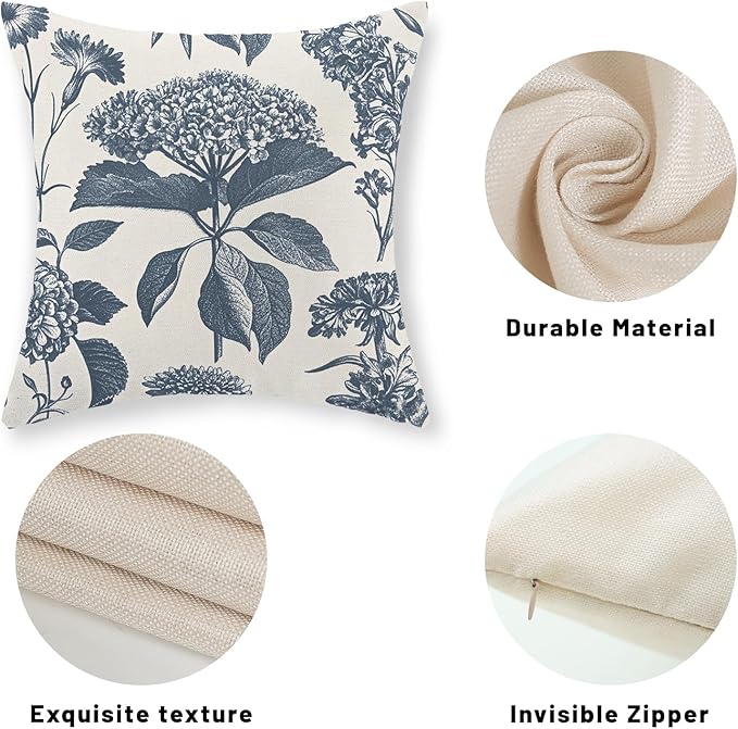 Blue Pillow Covers 20x20 Set of 2 Vintage Boho Floral Hydrangea Herbs Botanical Throw Pillow Cover Outdoor Flower Decoration Pillowcase Linen Farmhouse Cushion Case Decorative for Couch Sofa