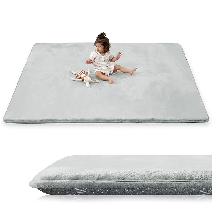 1.5" Thick Baby Play Mat for Floor, 39x59 Playpen Mat, Pro Soft Flannel Foam Mats Toddler Infant Kids Crawling for Nursery Rug Playroom Living Room Waterproof Easy Care Non-Slip (Light Grey)