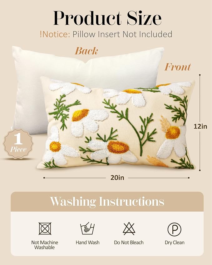 Embroidered Lumbar Pillow Cover - 20x12 Decorative Pillow Cover with Zipper Aesthetic Cute Design Boho Spring Summer Cozy Throw Pillowcase for Living Room Couch Sofa Bed, Daisy