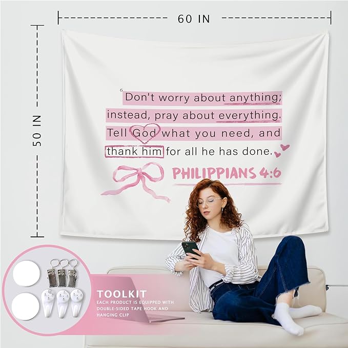 LIANGW Cute Pink Christian Tapestry Aesthetic for Bedroom, Dorm Decor for College Girls,Coquette Preppy Room Decor for Teen Girls & Women, Bible Verses Tapestries Wall Hanging 50x60 inche