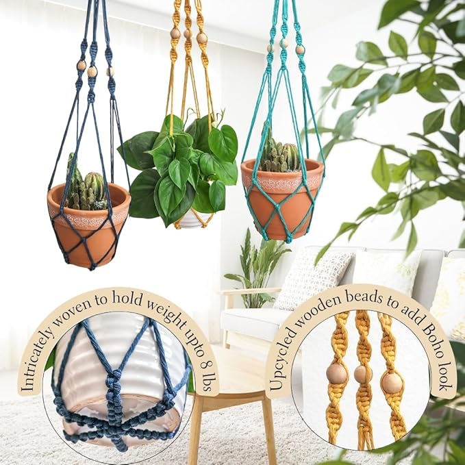 Handmade By Uruba Macrame Plant Hanger Indoor Macrame - 3ft Macrame Plant Hangers Indoor for Live Plants Indoor Outdoor Decor Boho Decor Small Hanging planters for Plants (Set of 3: Cozy Combo)
