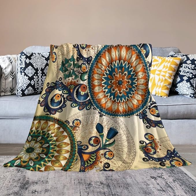 Bohemian Flower Throw Blanket Boho Mandala Floral Flowers Print Pattern Blanket for Sofa Bed Couch Chair Or Dorm 70"x80"