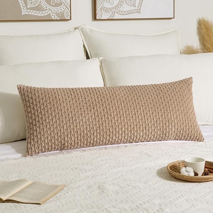 Kevin Textile 20x54 Inch Long Body Lumbar 1 Pack Boho Decorative Throw Pillow Cover Soft Striped Corduroy Rectangle Cushion Case Farmhouse Accent for Living Room Couch Sofa Bed, Tan