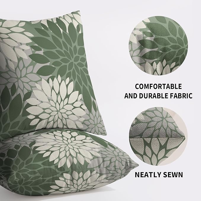 Sage Green Cream Grey Gray Pillow Covers 20X20 Inch Set of 2, Modern Dahlia Floral Print Decorative Throw Pillow Covers Outdoor Farmhouse Cushion Case for Home Couch Sofa Bed Decoration