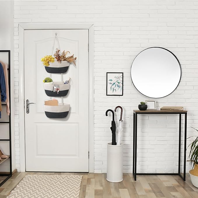 3 Tier Wall Mounted Woven Hanging Basket, Over the Door Hanging Basket with Hooks, Decorative Storage Hanging Closet Removable, Large Wall Basket for Living Room, Kitchen (White & Gray)