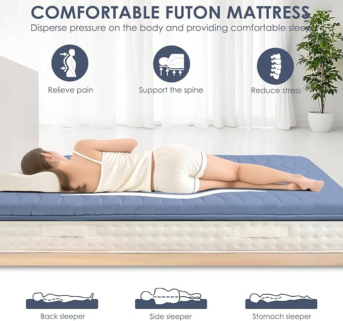 Japanese Floor Mattress, 100% High Density Comfortable Foam, 4" Thicken Foldable Mattress Tatami Mat Sleeping Pad, Ideal for Comfort and Support, Kids Floor Lounger Pillow Bed Sofa, Blue, Queen