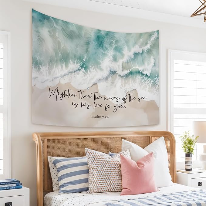 STHTTSW Christian Ocean Coastal Tapestry, Mightier Than the Waves of the Sea Bible Verse Tapestries, Religious Psalm 93:4 Wall Hanging Decor for Nursery Church Prayer Room Home Office, 50x60 Inch