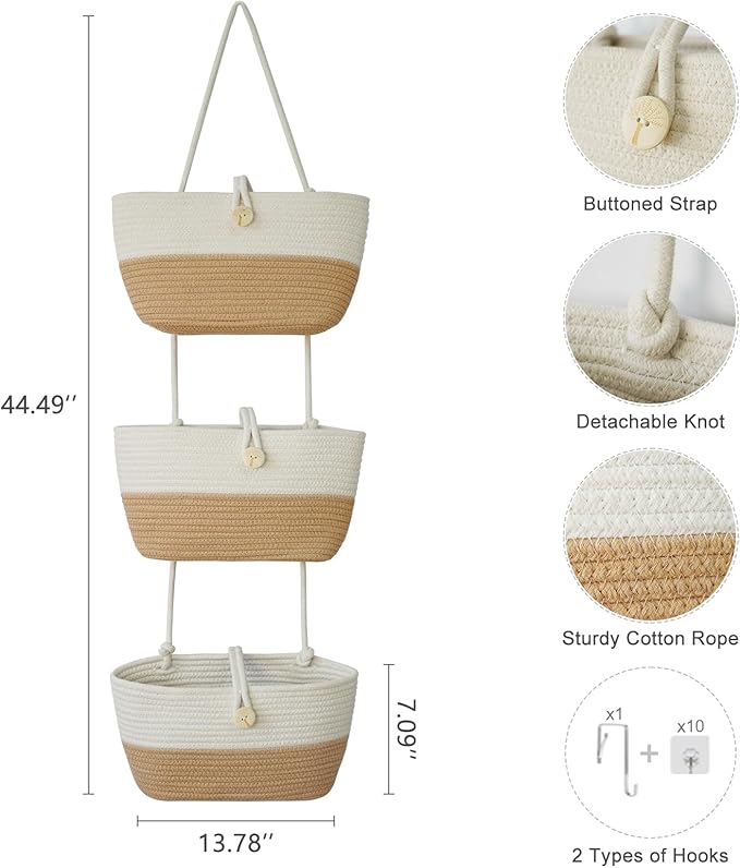 TeoKJ Over the Door Hanging Baskets with Wooden Button, 3-Tier Wall-Mounted Decorative Nursery Kitchen Baskets, White & Jute