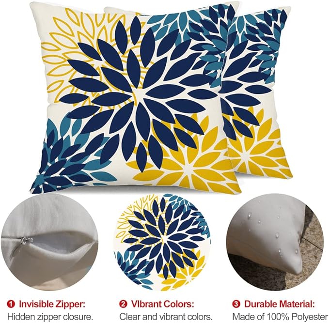 DFXSZ Blue Yellow Flower Pillow Covers 20x20 Inch Set of 2 Outdoor Throw Pillows Outdoor Waterproof Decor for Living Room Sofa Patio Funiture Garden Floral Polyester Pillow Covers 012D20