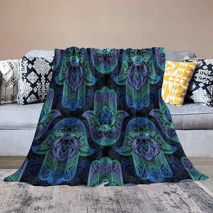 Boho Hamsa Throw Blanket Fatima Hand Bohemian Retro Mandala Blanket for Sofa Bed Couch Chair Or Dorm 70"x80"