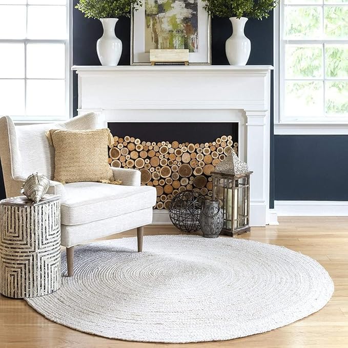 100% Jute Area Rug 10 Feet- Braided Design Hand Woven Off-White Natural Fibers Carpet - Home Decor for Living Room Hallways (10' Round, Off-White)