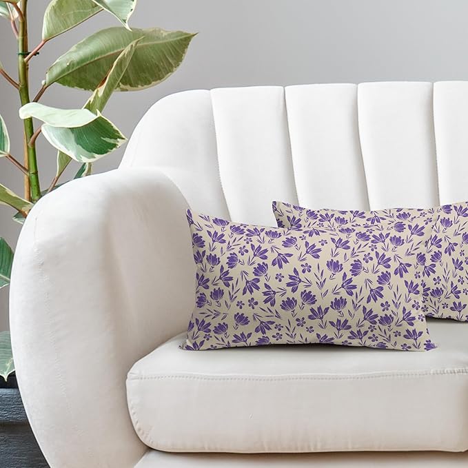 Purple Floral Pillow Covers 12x20 Set of 2 Vintage Rustic Old Style Cute Small Flower Cream Print Rectangle Decorative Outdoor Pillowcases Fall Farmhouse Throw Cushion Case Couch Sofa Bed Decor