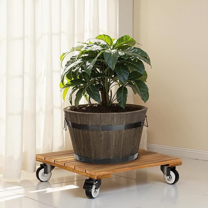 2pack Wood Plant Caddy With Wheels Heavy Duty, 264 Lbs Capacity, Upgraded 12 Inch Acacia Hardwood Plant Dolly, Plant Stand with 360° Lockable Wheels, Plant Caster for Heavy Objects Hauling - Natural Wood