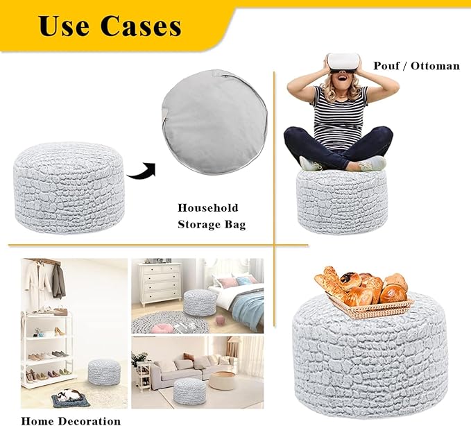 Asuprui Pouf Ottoman Unstuffed Floor Poof Seat Pouf Ottoman Foot Rest Soft Foot Stool 20x20x12 Inches Fuzzy Chair Floor Chair Foot Rest with Storage for Living Room Bedroom Snow Gray