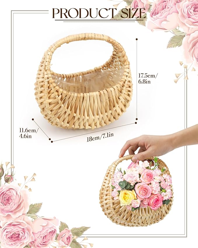 Rattan Half Moon Wicker Basket, Small Wicker Woven Basket with Handle, Woven Wedding Flower Girl Baskets, Picnic Basket, for Home Wedding Decor, Photo Props, Camping（7 in）