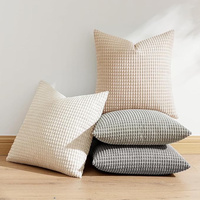 MIULEE Boho Farmhouse Decorative Pillow Covers 18x18 Inch Set of 4 Rustic Modern Home Decor Couch Throw Pillows Corduroy Pillowcases for Sofa Living Room Bed Neutral
