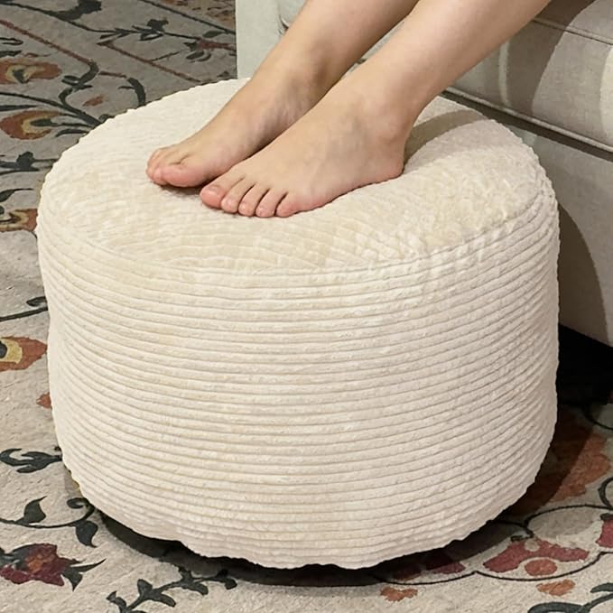 Oslimea Round Ottoman Foot Rest 20 x 15 Foot Stool Ottoman Pouf with Foam Chunk Filling for Living Room, Floor Poufs Foot Rest for Bedroom, Beige Corduroy