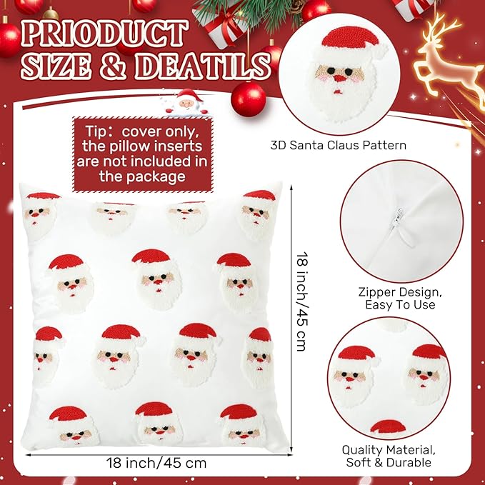 2 Pcs Christmas Tufted Throw Pillow Covers 18 x 18 Inch Cute Santa Claus Soft Dutch Velvet Pillowcase Xmas Red White Square 3D Embroidery Cushion Cover Winter Holiday Decor for Sofa Couch Bed
