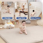 Baby Play Mat for Floor,1.3" Thick Elasti Foam Tummy Time Mat,79"×158“ Extra Large Soft Coral Velvet Nursery Rug,Non Slip Safe for Crawling,Toddlers,Infants,kids,Tatami Style for Living Room,Classroom,Playroom(Beige)
