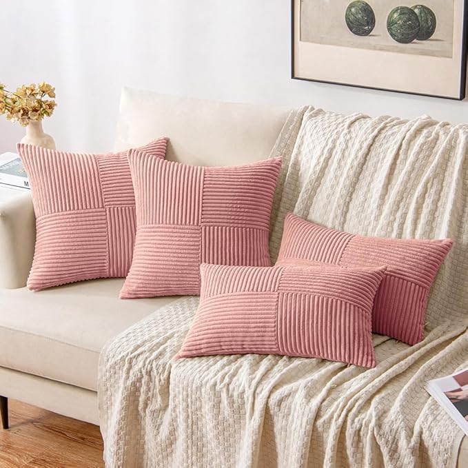 MIULEE Blush Pink Decorative Throw Pillow Covers 20x20 Inch for Couch Bed Sofa Valentines Day Pack of 2 Boho Farmhouse Throw Pillows Soft Cross Corduroy Patchwork Textured Cushion Cases