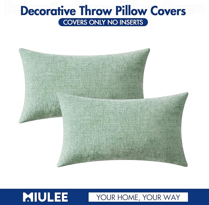 MIULEE Pack of 2 Couch Throw Pillow Covers 12x20 Inch Soft Greyish Green Chenille Lumbar Pillow Covers for Sofa Living Room Solid Dyed Cases