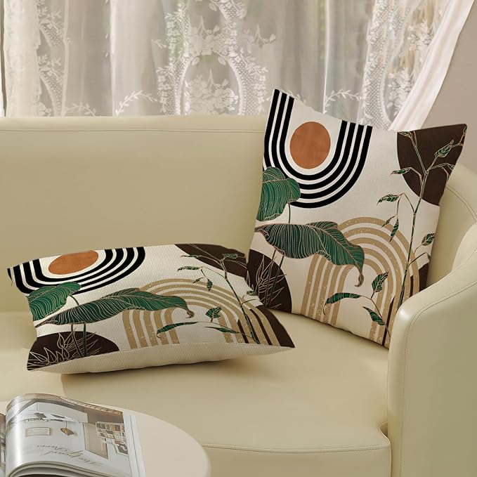 Boho Brown Pillow Covers 18x18 Set of 2 Green Gold Leaf Tropical Mid Century Throw Pillows Outdoor Bohemian Decorative Pillow Cases Modern Abstract Linen Cushion Case for Couch Sofa Decor