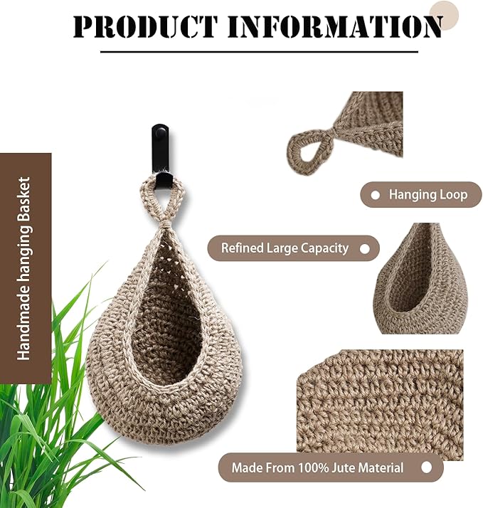 Hanging Fruit Basket Set of 3, Boho Wall Hanging Storage Basket for Organizing, Handmade Teardrop Hammock Holder for Fruit Vegetable in Home & Restaurant Kitchen with Hooks, Light Flaxen