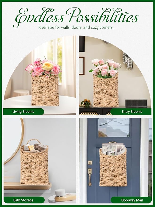 VerdantVibes Handwoven Wall Hanging Basket – Natural Water Hyacinth Basket for Boho Farmhouse Decor, Kitchen & Entryway Storage, Flower & Plant Display (9.8" H × 7.9" L × 3.1" W)