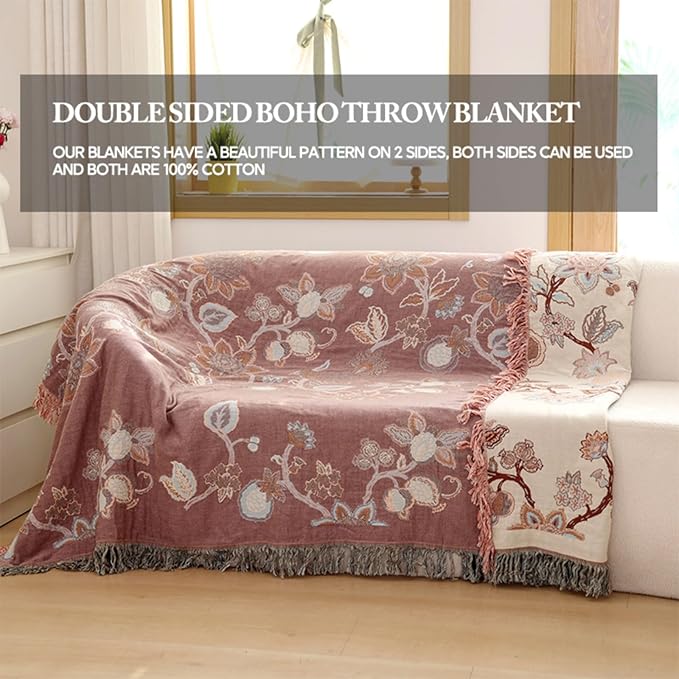 Boho Cotton Throw Blanket 60×80 Inch – Soft Breathable Muslin Throw for Couch, Sofa & Bed, Lightweight Farmhouse Decorative Blanket