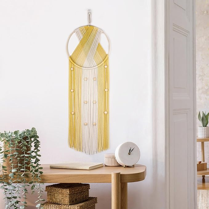 LB Boho Yellow Macrame Wall Hanging Handmade Woven Cotton Tapestry with Wood Board Modern Yellow and Beige Aesthetic Wall Decor for Home, Bedroom, Living Room