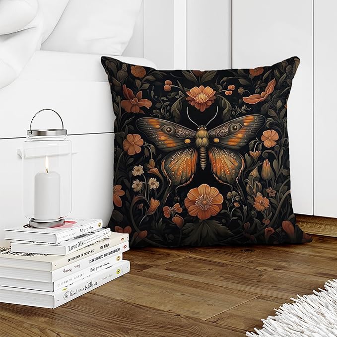 William Morris Abstract Vintage Floral Velvet Butterfly Design Throw Pillow Covers Home Decor, Retro Art Decor Pillowcase Cushion Cover for Bed Sofa Living Room, Square 18x18inch (Orange-Butterfly)